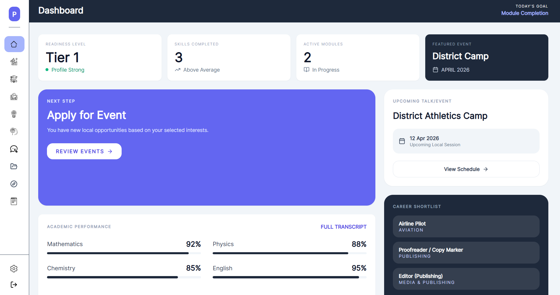 Project Pioneer student dashboard showing career progress, session history, and compliance status